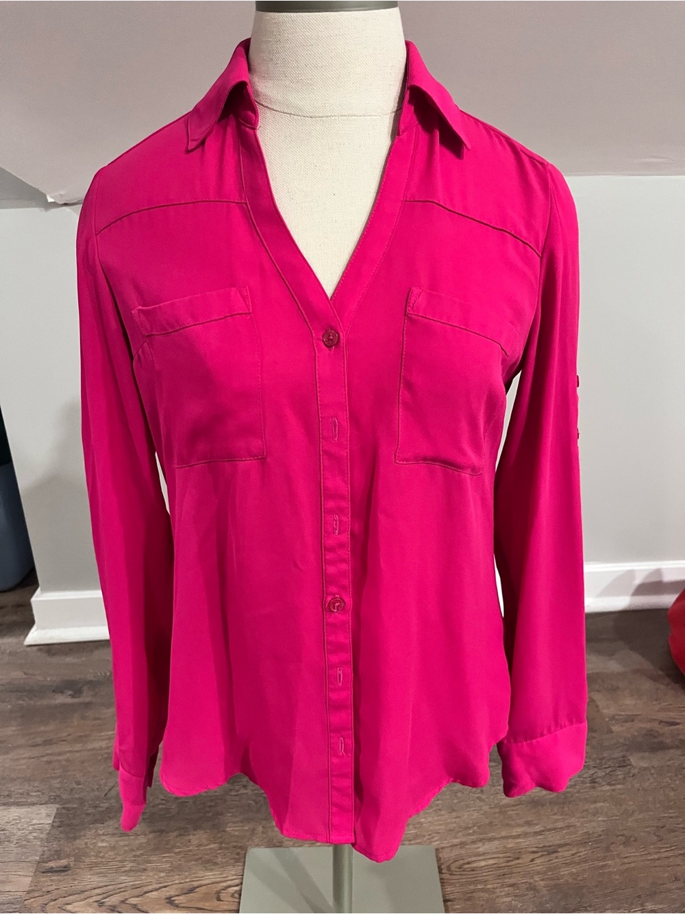Express Hot Pink Button-Down V-Neck Blouse